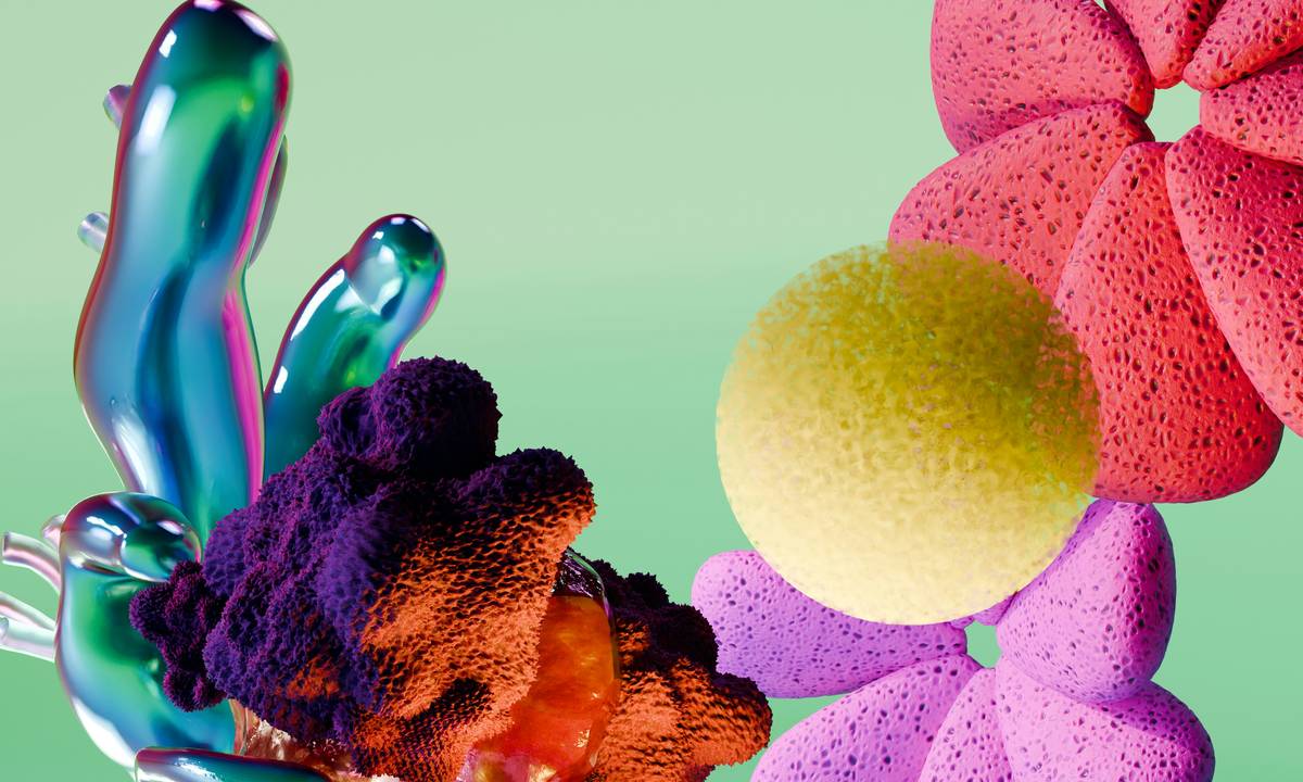 Abstract shapes including iridescent forms, textured purple and orange masses, and colorful porous spheres